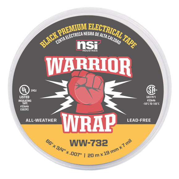 NSI Industries WW-732 WarriorWrap Premium 3/4 in. x 66 ft. 7 mil Vinyl Large Electrical Tape, Black