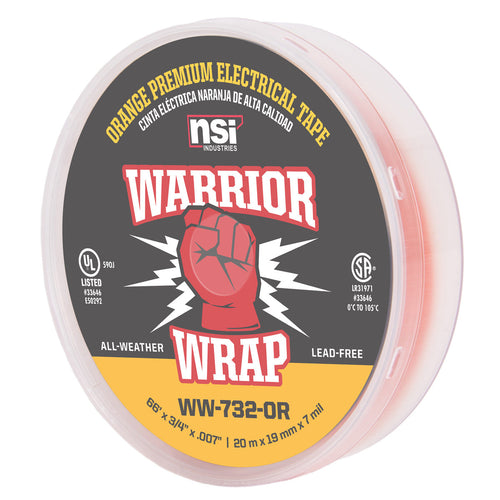 NSI Industries WW-732-OR WarriorWrap Premium 3/4 in. x 66 ft. 7 mil Vinyl Large Electrical Tape, Orange