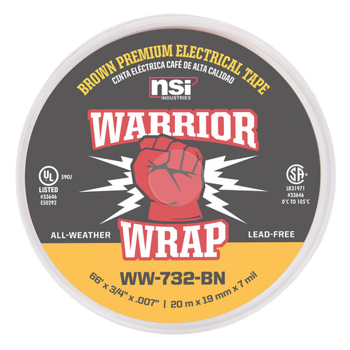 NSI Industries WW-732-BN WarriorWrap Premium Medium 3/4 in. x 66 ft. 7 mil Vinyl Electrical Tape, Brown